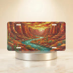 desert canyon river scenic vanity plate — turquoise creek red rock canyon walls molten sunset amber license plate on holder