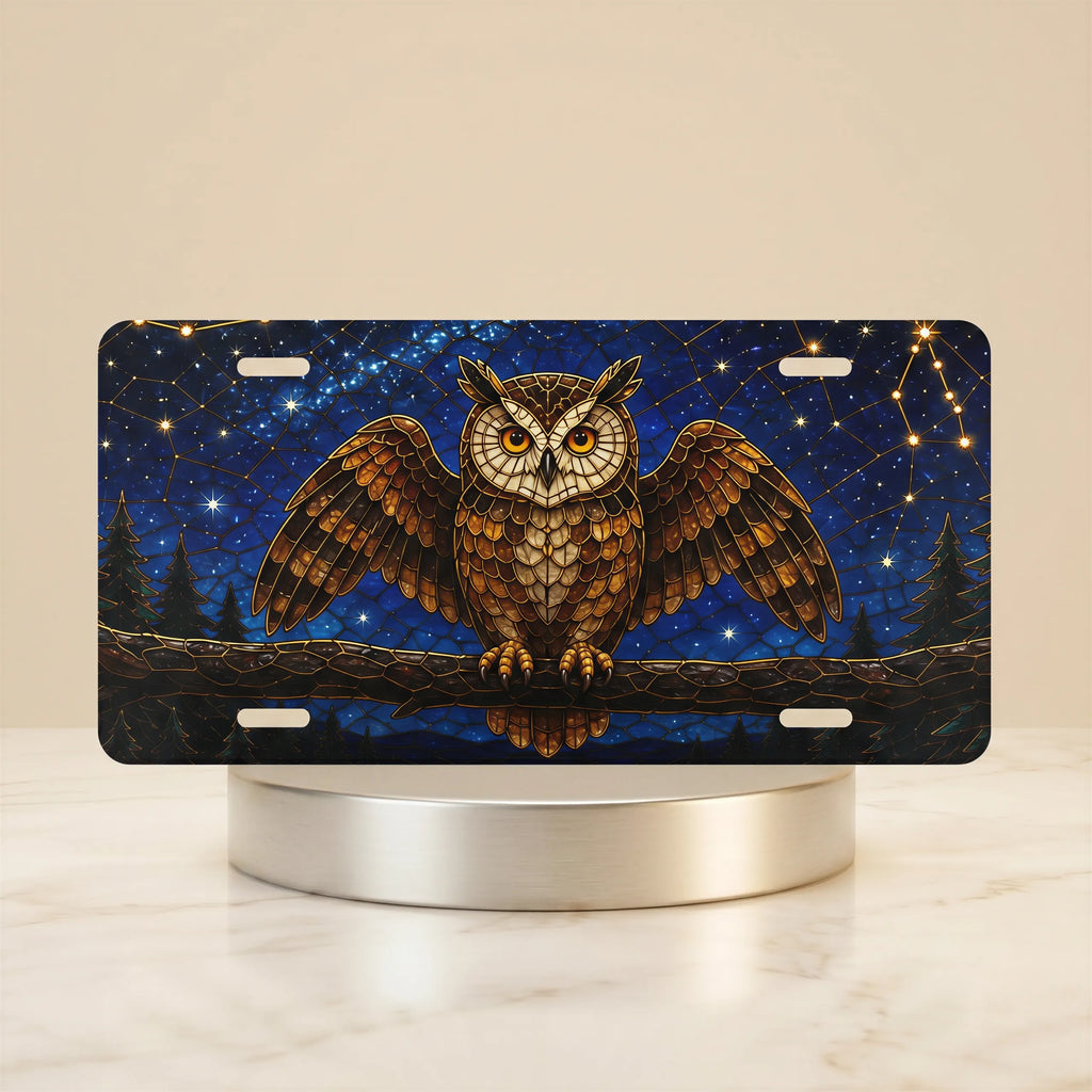 owl constellation night sky vanity plate — midnight owl moonlit branch constellation stars license plate on holder