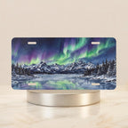 aurora landscape vanity plate hero shot — electric green violet night sky mountain lake art