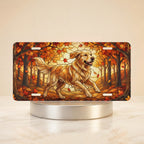 golden retriever autumn vanity plate — warm amber rust golden retriever autumn leaves license plate on holder