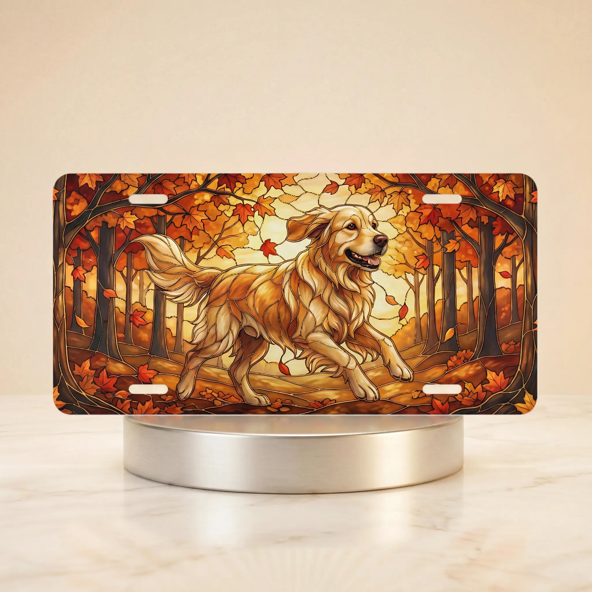 golden retriever autumn vanity plate — warm amber rust golden retriever autumn leaves license plate on holder