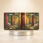 redwood forest scenic vanity plate — warm amber golden light towering redwood trunks forest fern license plate on holder