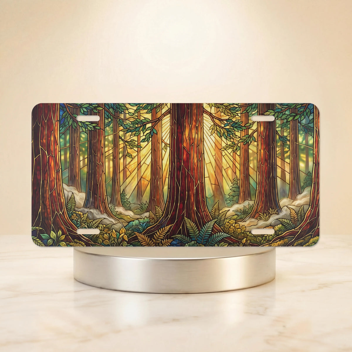 redwood forest scenic vanity plate — warm amber golden light towering redwood trunks forest fern license plate on holder
