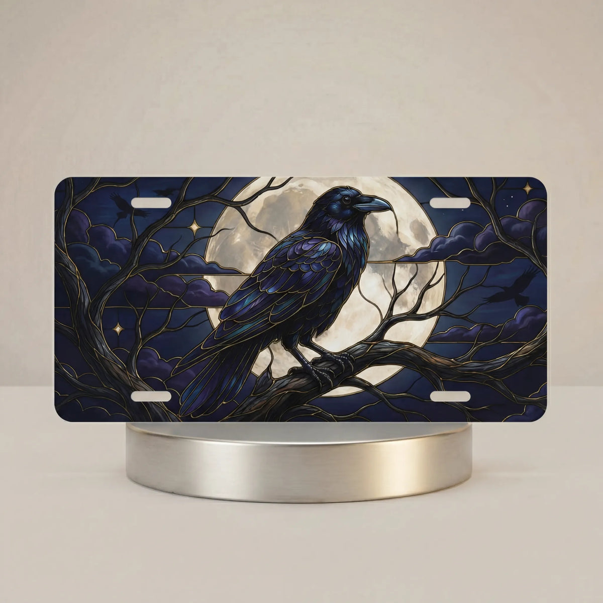 moonlit raven vanity plate hero shot — inky black raven luminous full moon midnight art