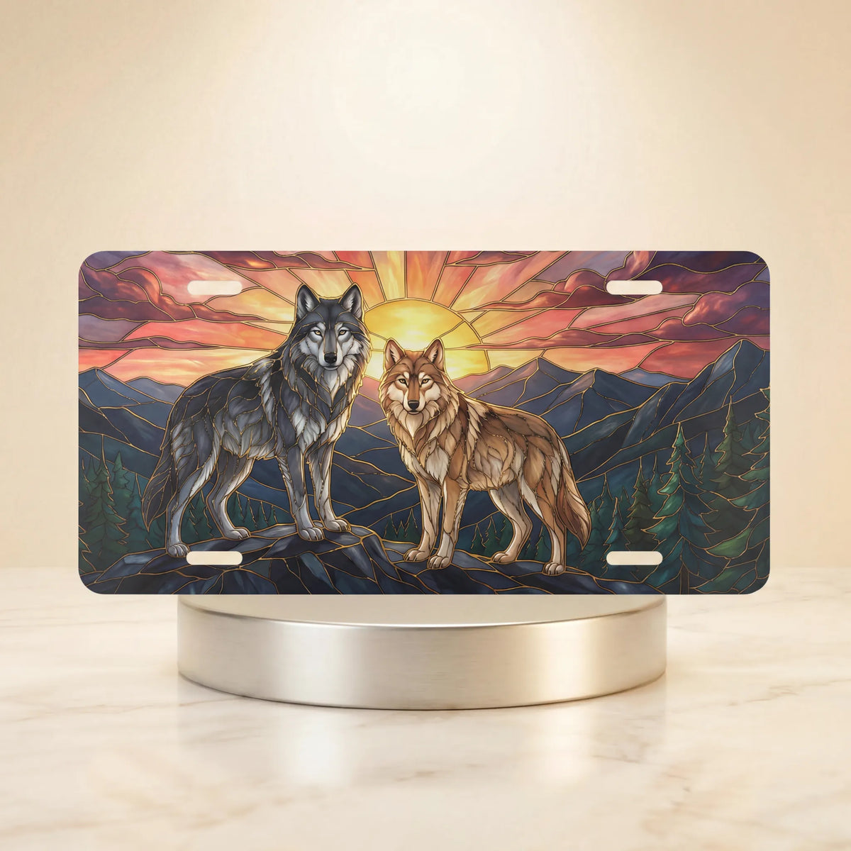 sunset wolves mountain vanity plate — jewel tone two wolves sunrise mountain range license plate on holder