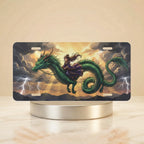 emerald dragon rider fantasy vanity plate — rich emerald green dragon storm gold rider license plate on holder