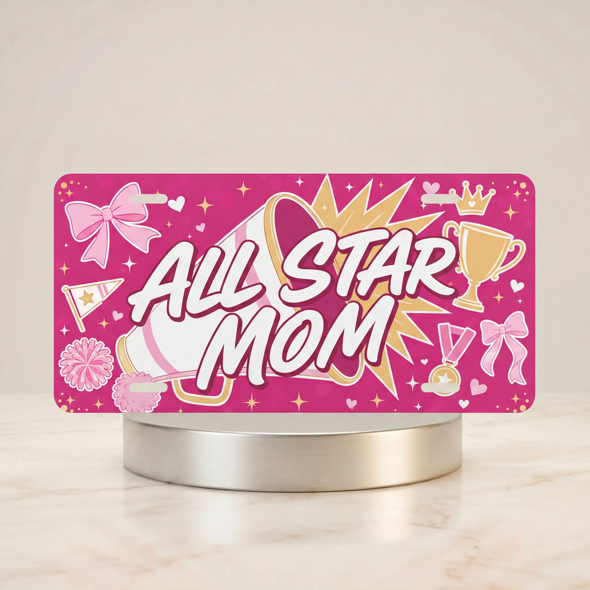 all star mom vanity plate — hot pink megaphone crown ALL STAR MOM license plate on holder