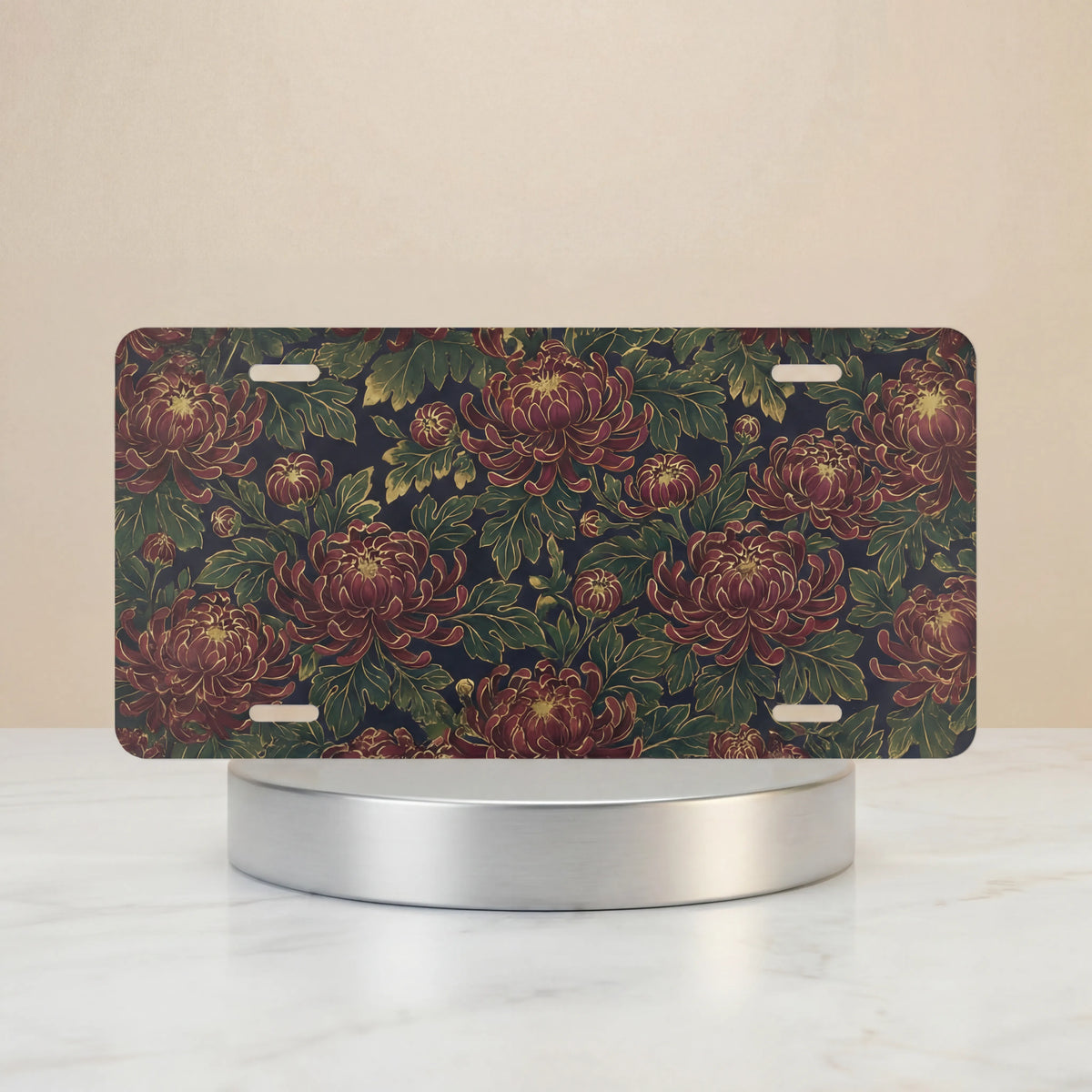 vintage floral chrysanthemum vanity plate — deep burgundy chrysanthemums lush green leaves antique botanical white license plate on holder