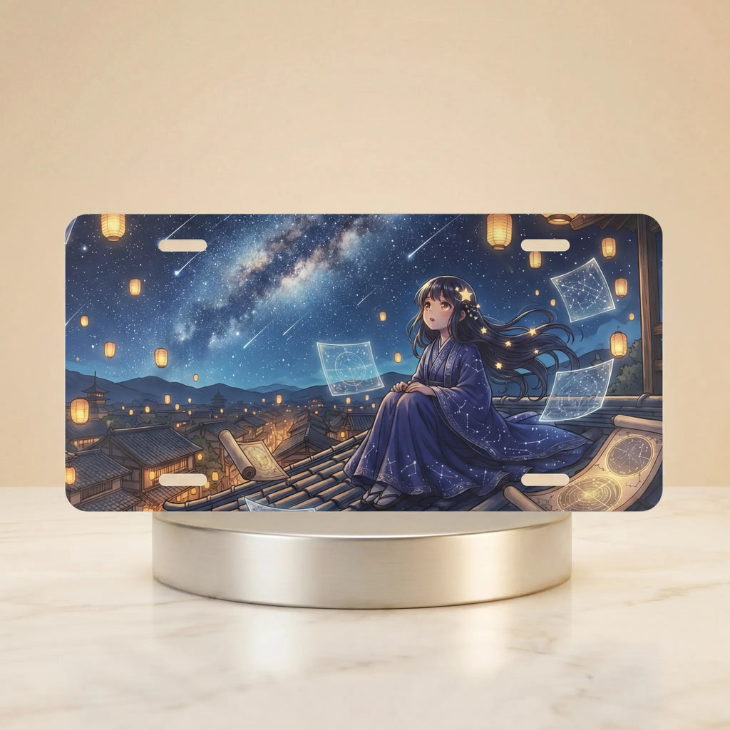starry night girl rooftop vanity plate — deep blue night girl rooftop lanterns drifting pages license plate on holder