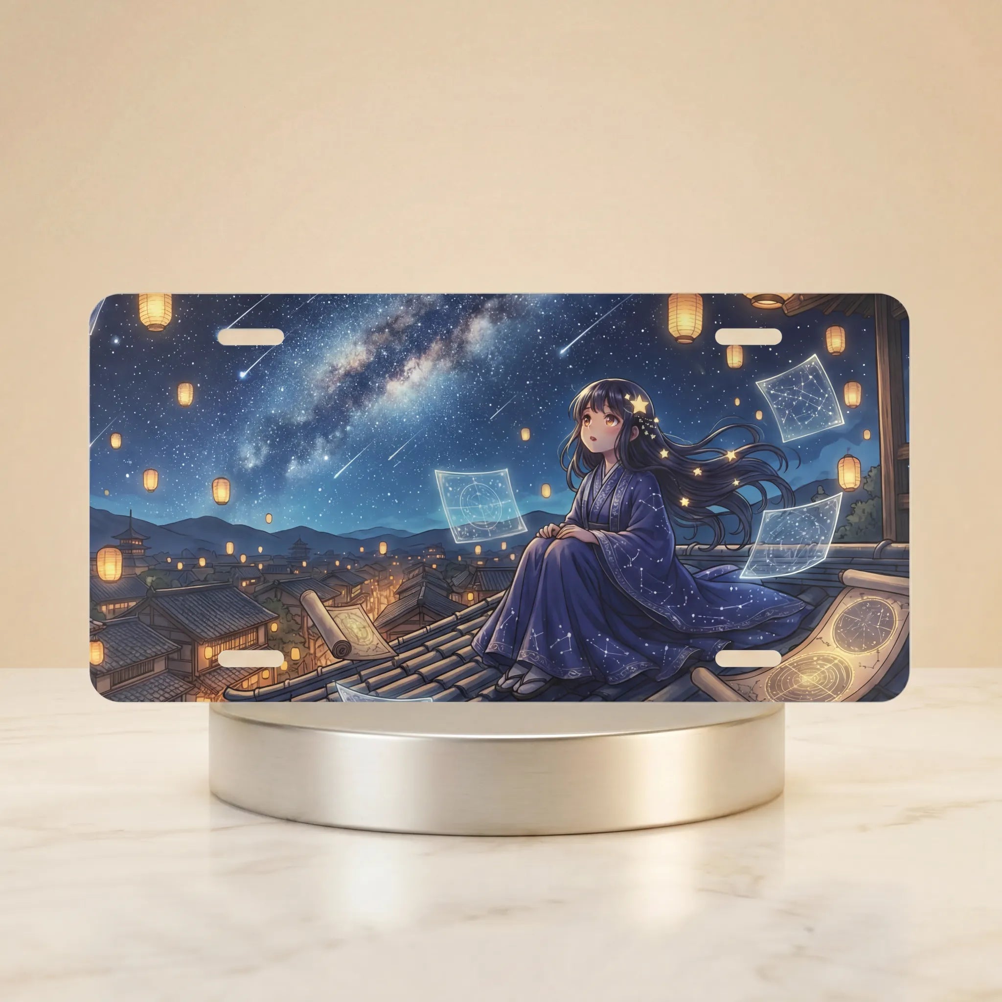 starry night girl rooftop vanity plate — deep blue night girl rooftop lanterns drifting pages license plate on holder