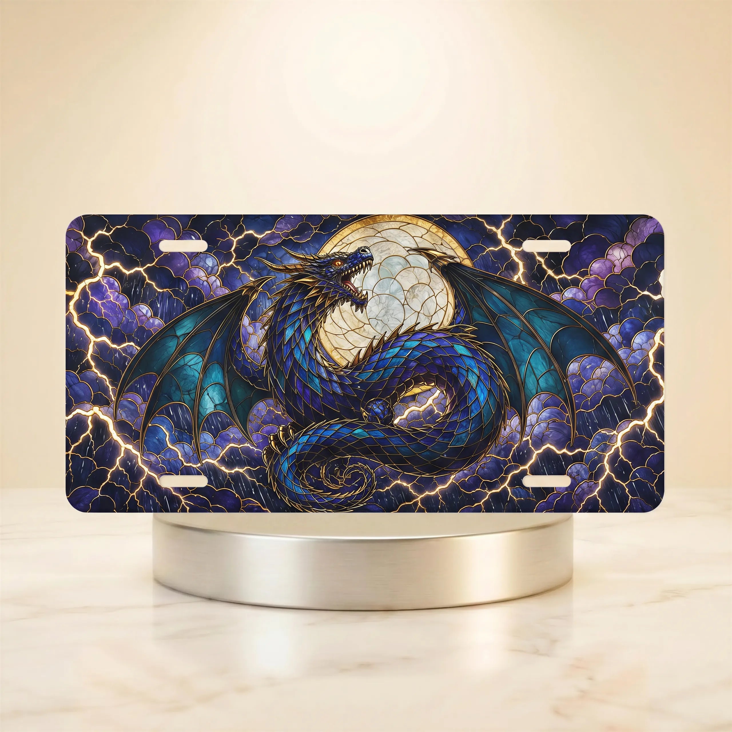 blue dragon moon fantasy vanity plate — jewel blue teal coiled dragon full moon lightning license plate on holder