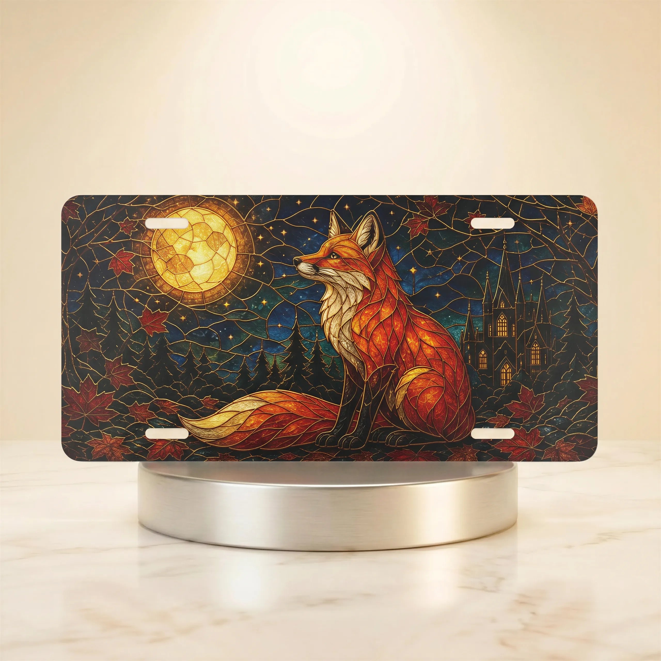 geometric fox under moon vanity plate — jewel tone fox glowing moon autumn leaves castle license plate on holder
