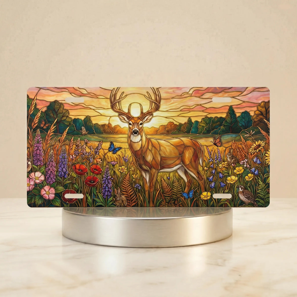 sunset deer meadow vanity plate hero shot — buck lupine poppies golden amber meadow art