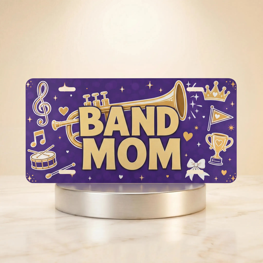 band mom vanity plate — musical notes instruments BAND MOM license plate on holder