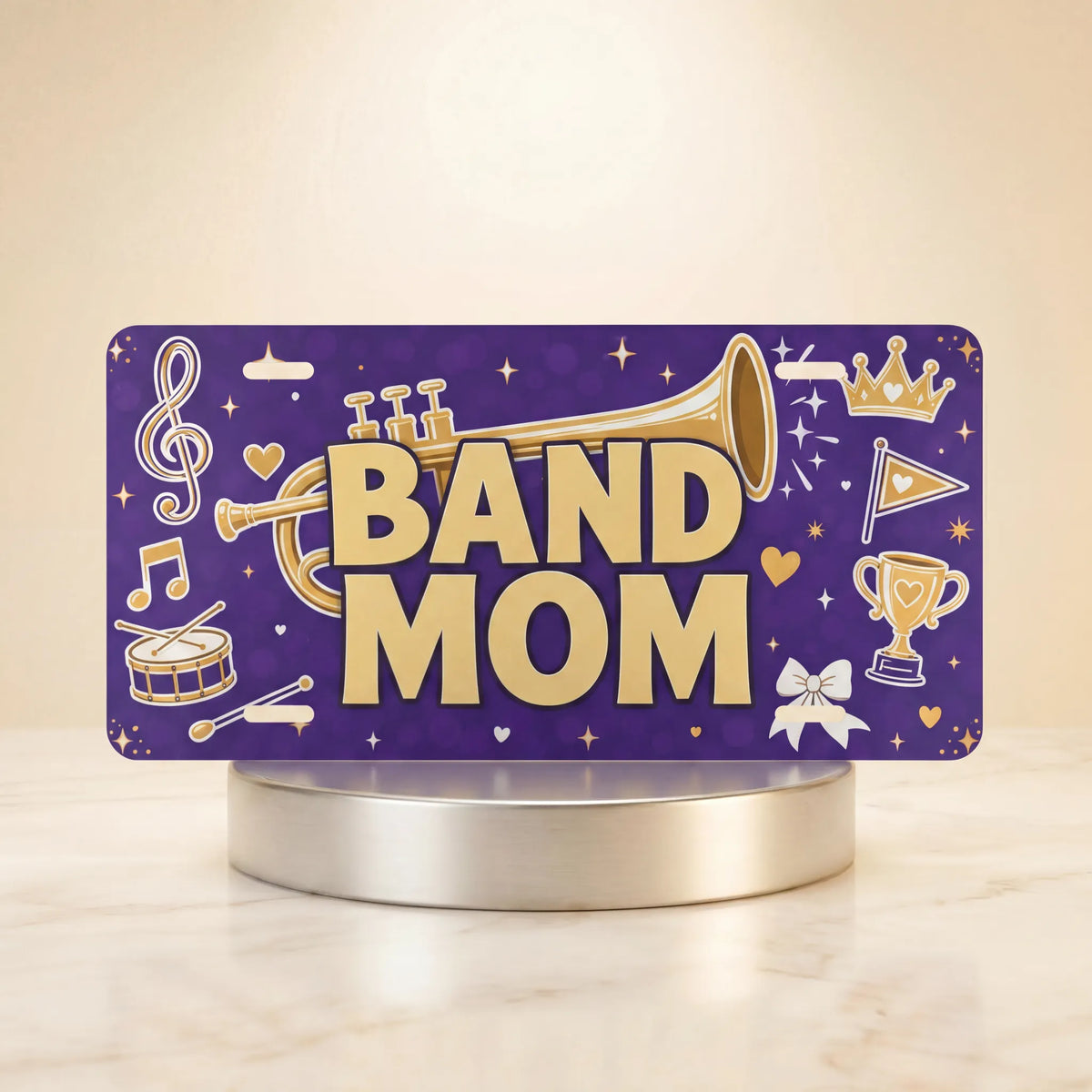 band mom vanity plate — musical notes instruments BAND MOM license plate on holder