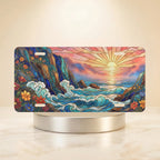 sunset ocean waves coastal vanity plate — warm gold jewel teal sunrise ocean waves rocky shore blooms license plate on holder
