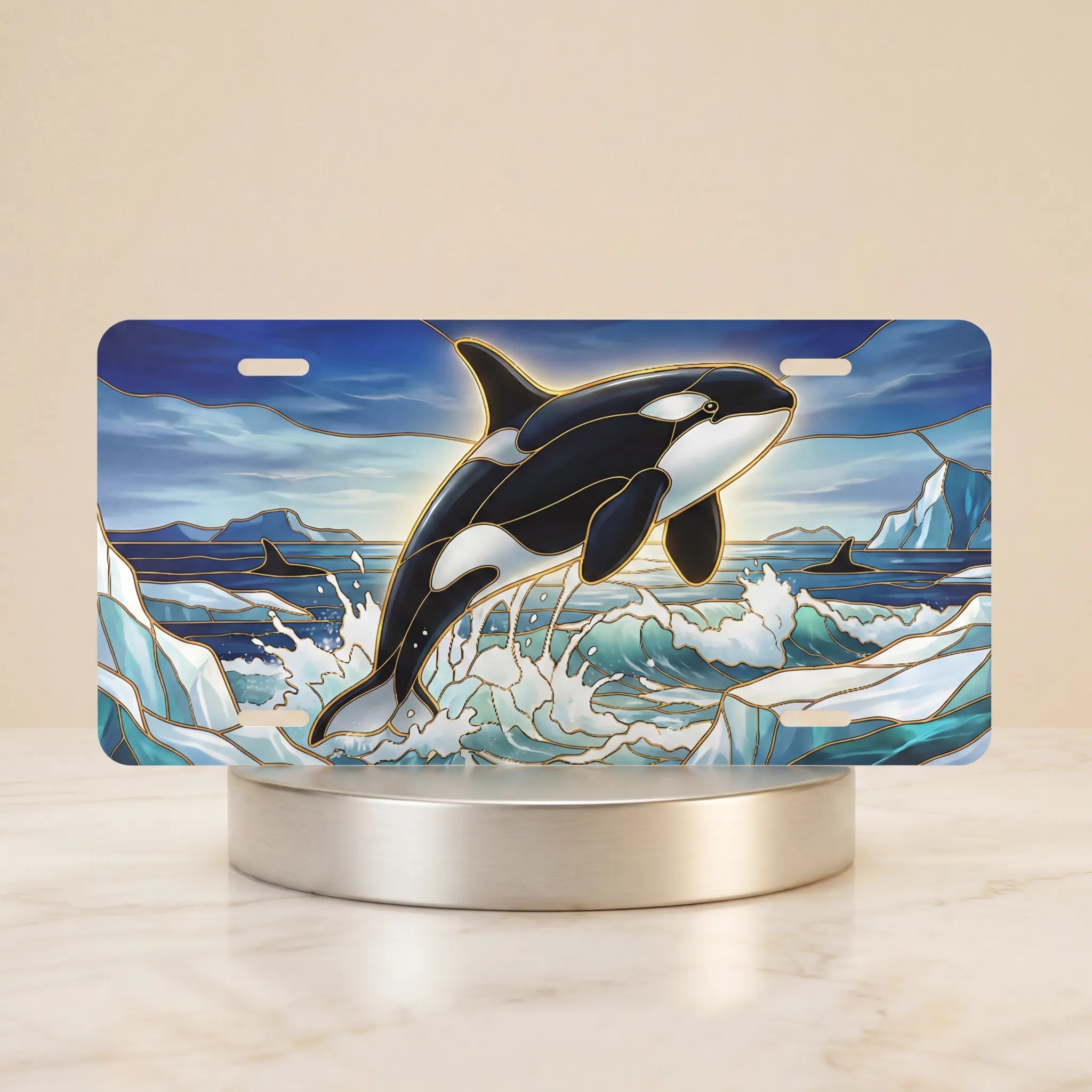 orca whale ocean waves vanity plate — vivid orca black white icy blue wave glacier license plate on holder