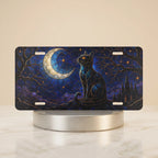 moonlit black cat crescent moon vanity plate — deep indigo cobalt black cat crescent moon stars license plate on holder