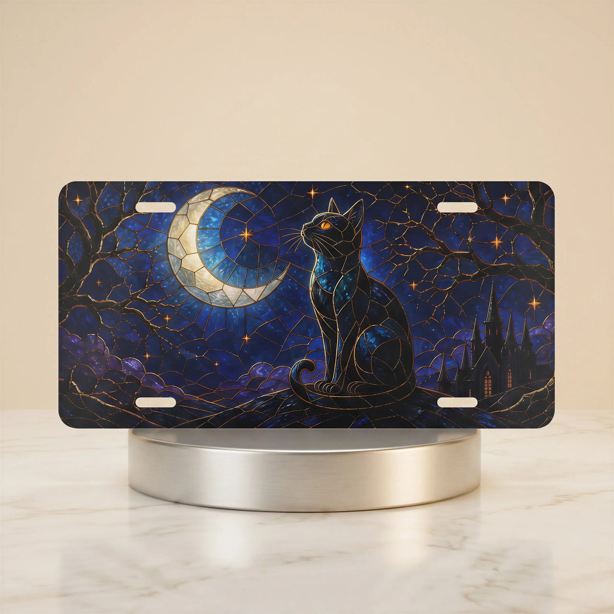 moonlit black cat crescent moon vanity plate — deep indigo cobalt black cat crescent moon stars license plate on holder