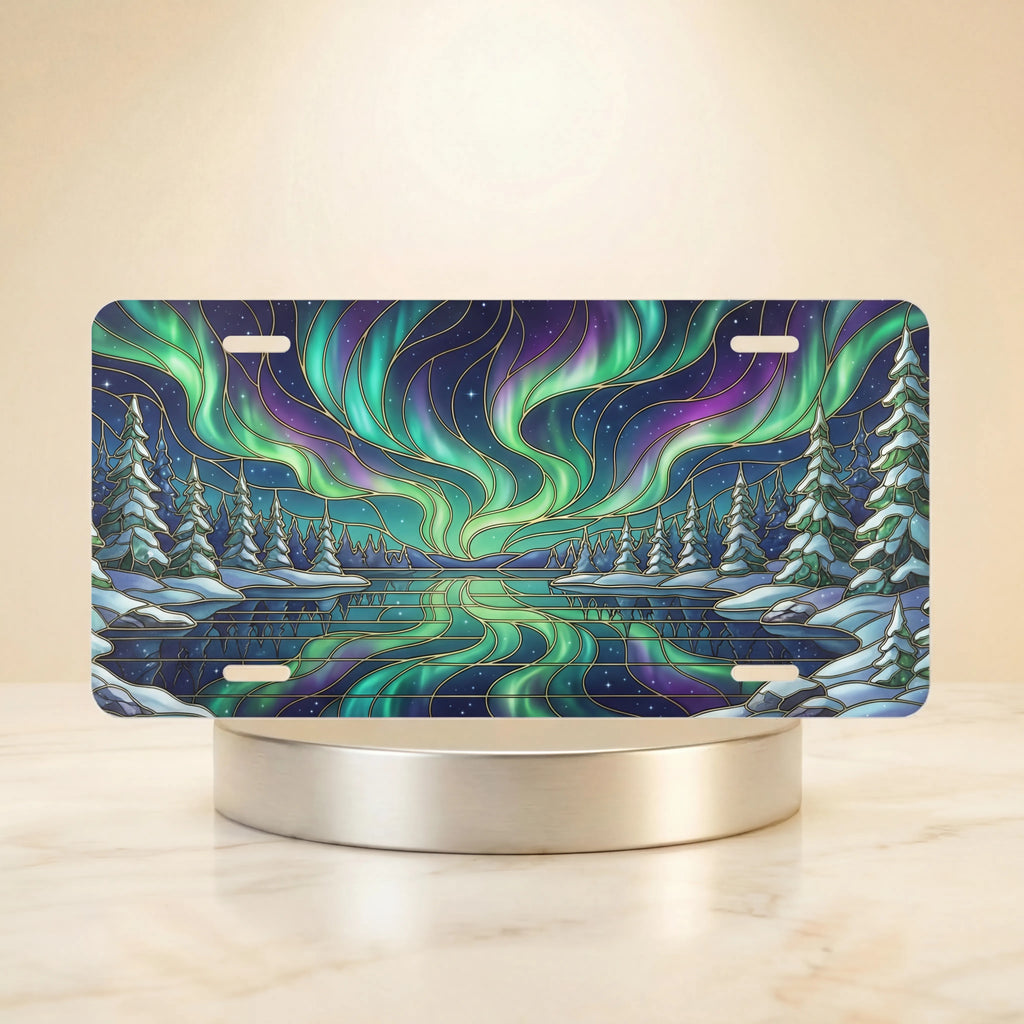 northern lights aurora borealis vanity plate — vivid emerald violet aurora winter lake snow pines license plate on holder