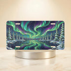 northern lights aurora borealis vanity plate — vivid emerald violet aurora winter lake snow pines license plate on holder