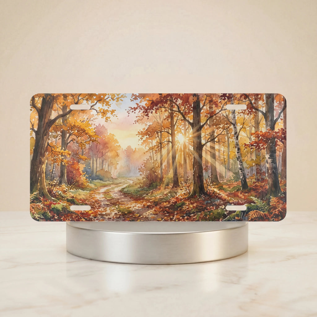 autumn woodland vanity plate hero shot — golden morning light through fall leaves art