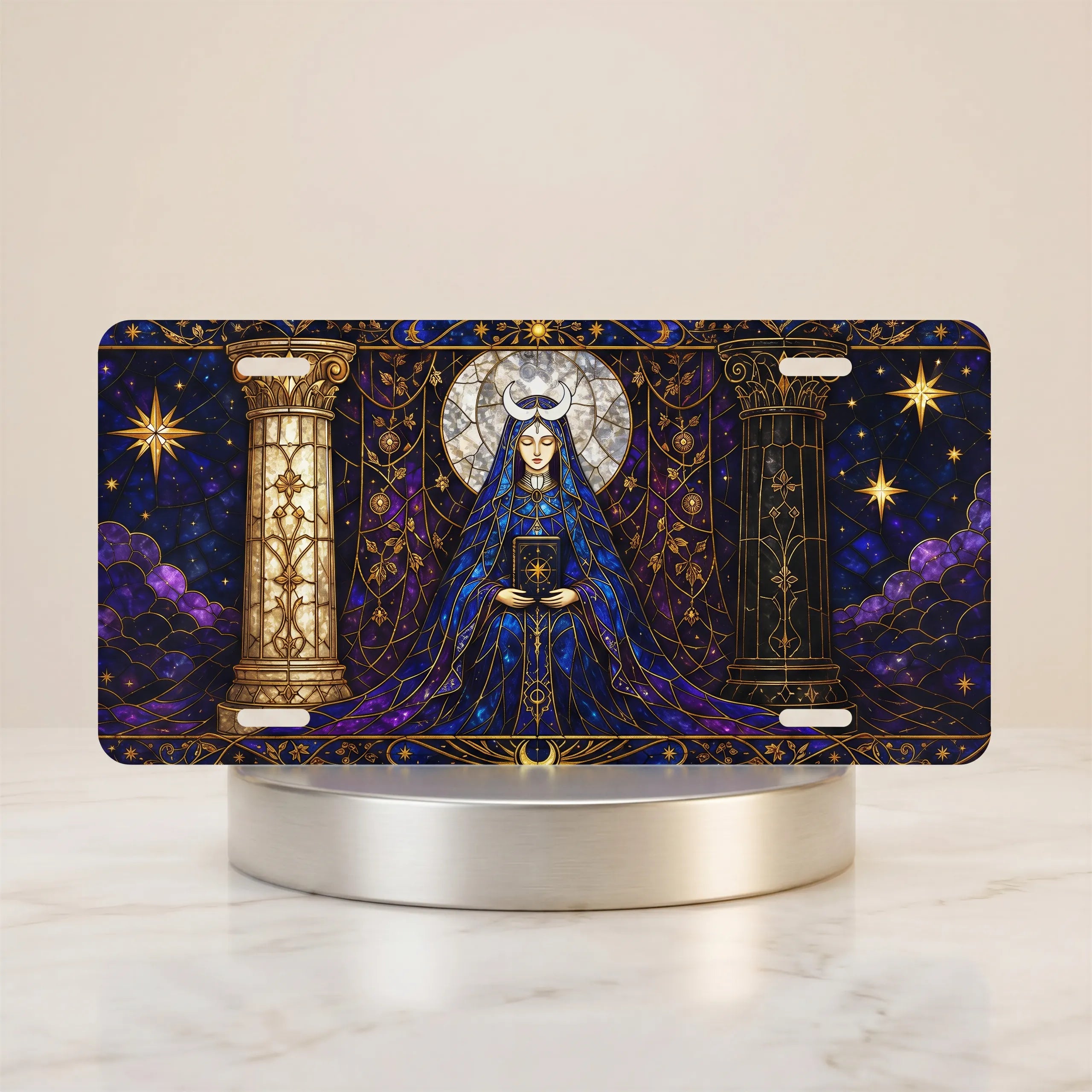 mystic oracle celestial vanity plate — deep indigo gold robed figure moonlight license plate on holder