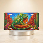 green iguana desert scene vanity plate — jewel green iguana cactus canyon red license plate on holder