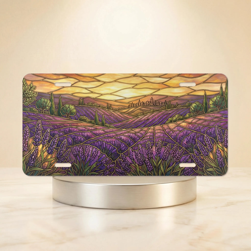 lavender field sunset vanity plate — warm gold deep purple lavender hillside sunset license plate on holder