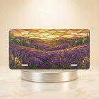 lavender field sunset vanity plate — warm gold deep purple lavender hillside sunset license plate on holder