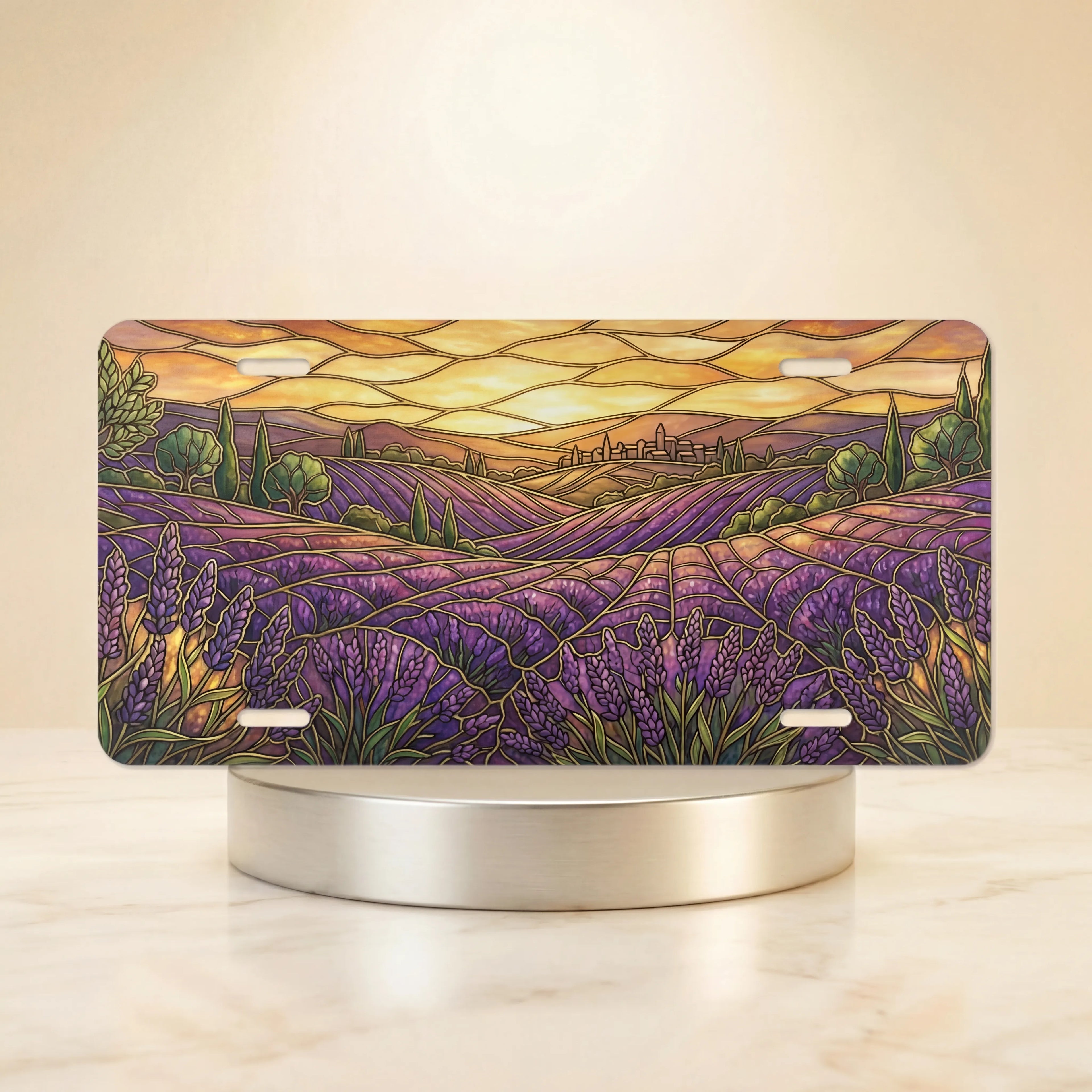 lavender field sunset vanity plate — warm gold deep purple lavender hillside sunset license plate on holder