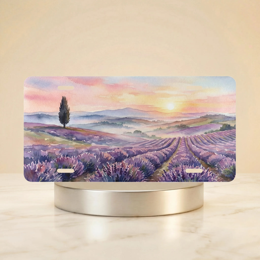 lavender vanity plate hero shot — dusty violet blush gold cypress and hills watercolor print