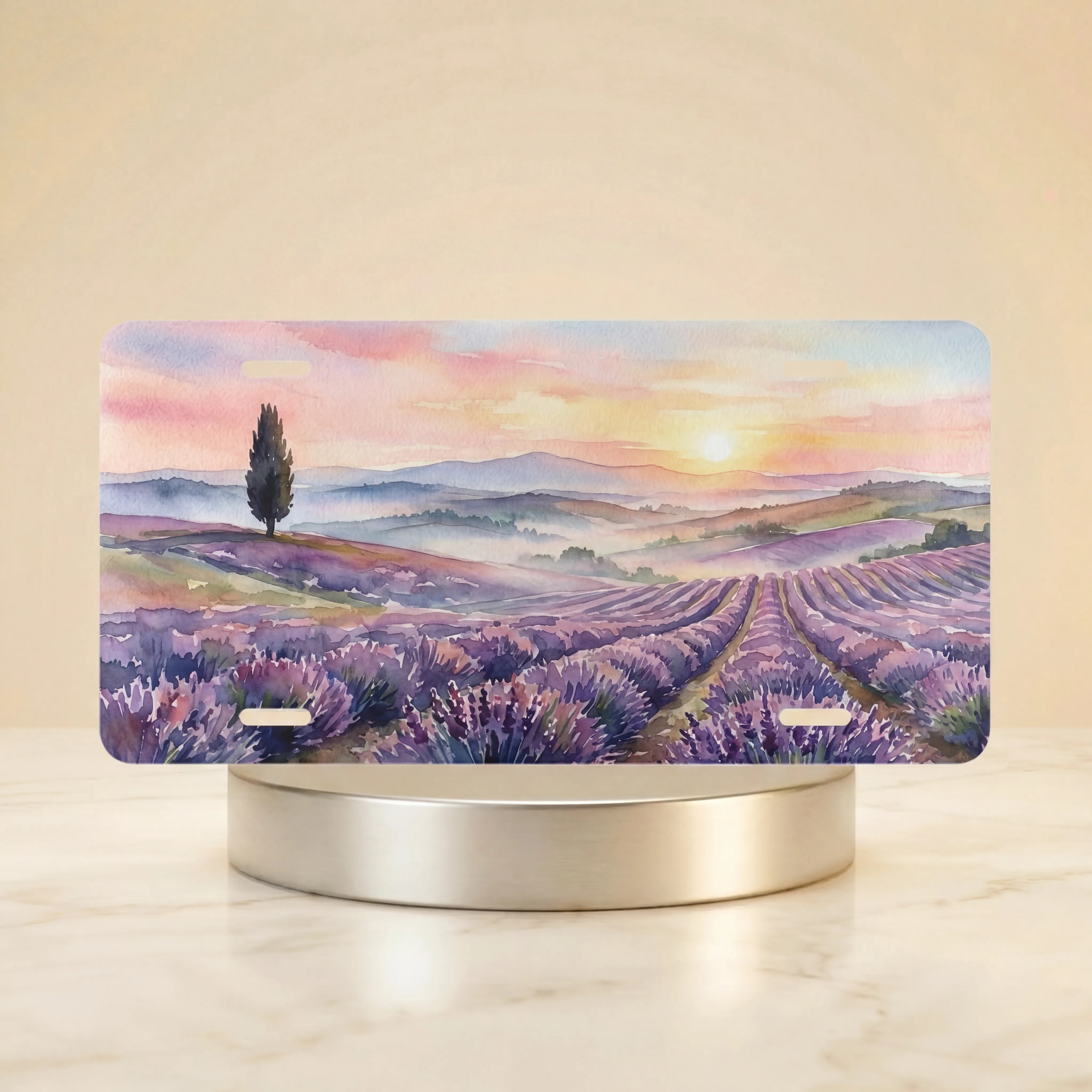 lavender vanity plate hero shot — dusty violet blush gold cypress and hills watercolor print