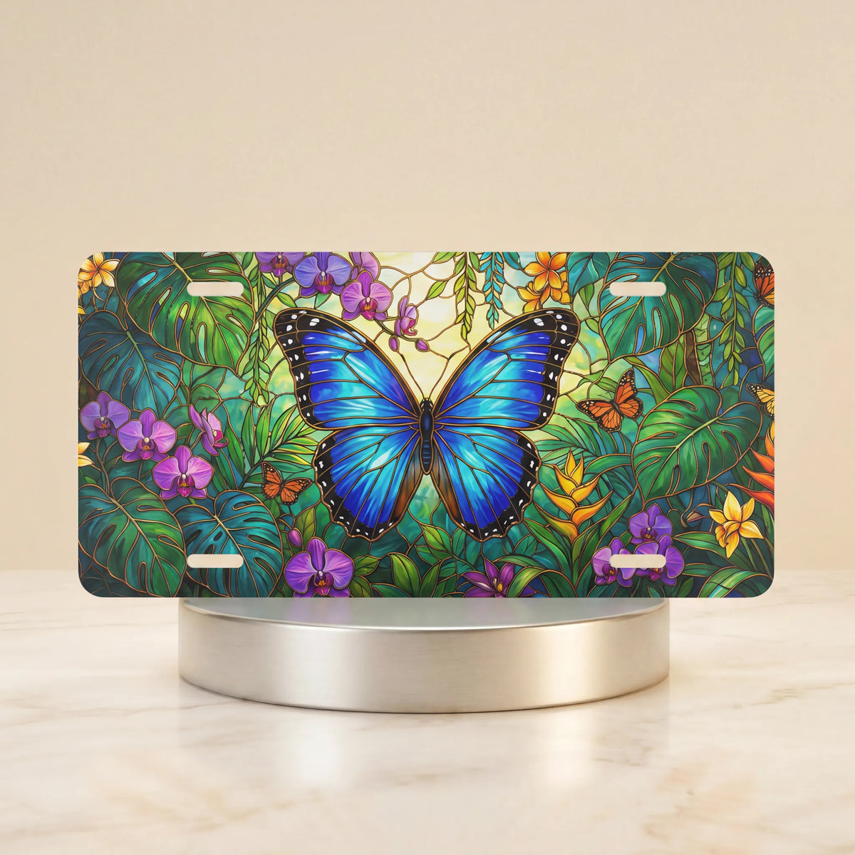 blue butterfly tropical floral vanity plate — vivid sapphire blue butterfly tropical foliage license plate on holder