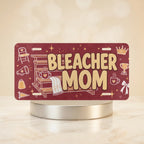 bleacher mom vanity plate — warm maroon folding chair megaphone BLEACHER MOM license plate on holder