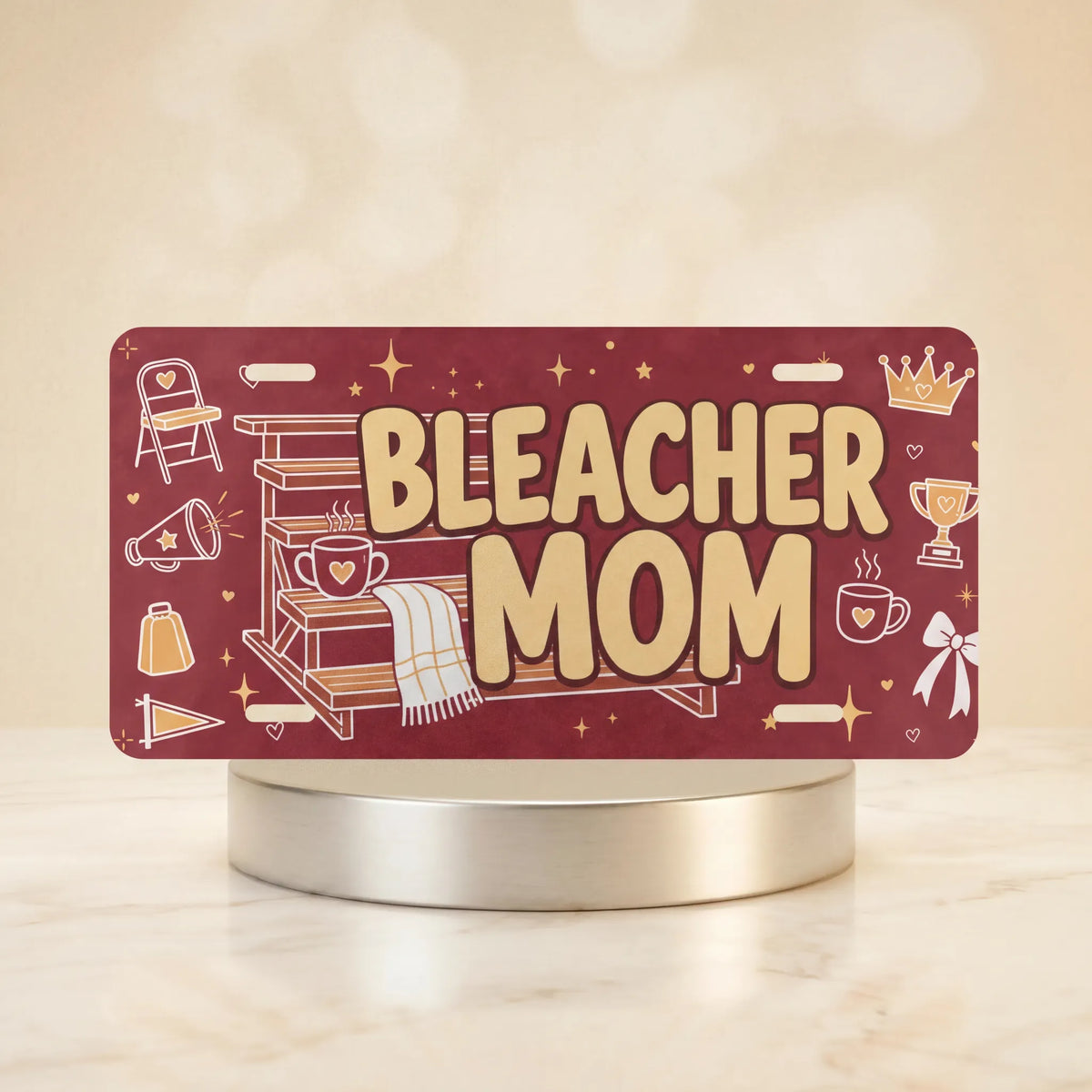 bleacher mom vanity plate — warm maroon folding chair megaphone BLEACHER MOM license plate on holder