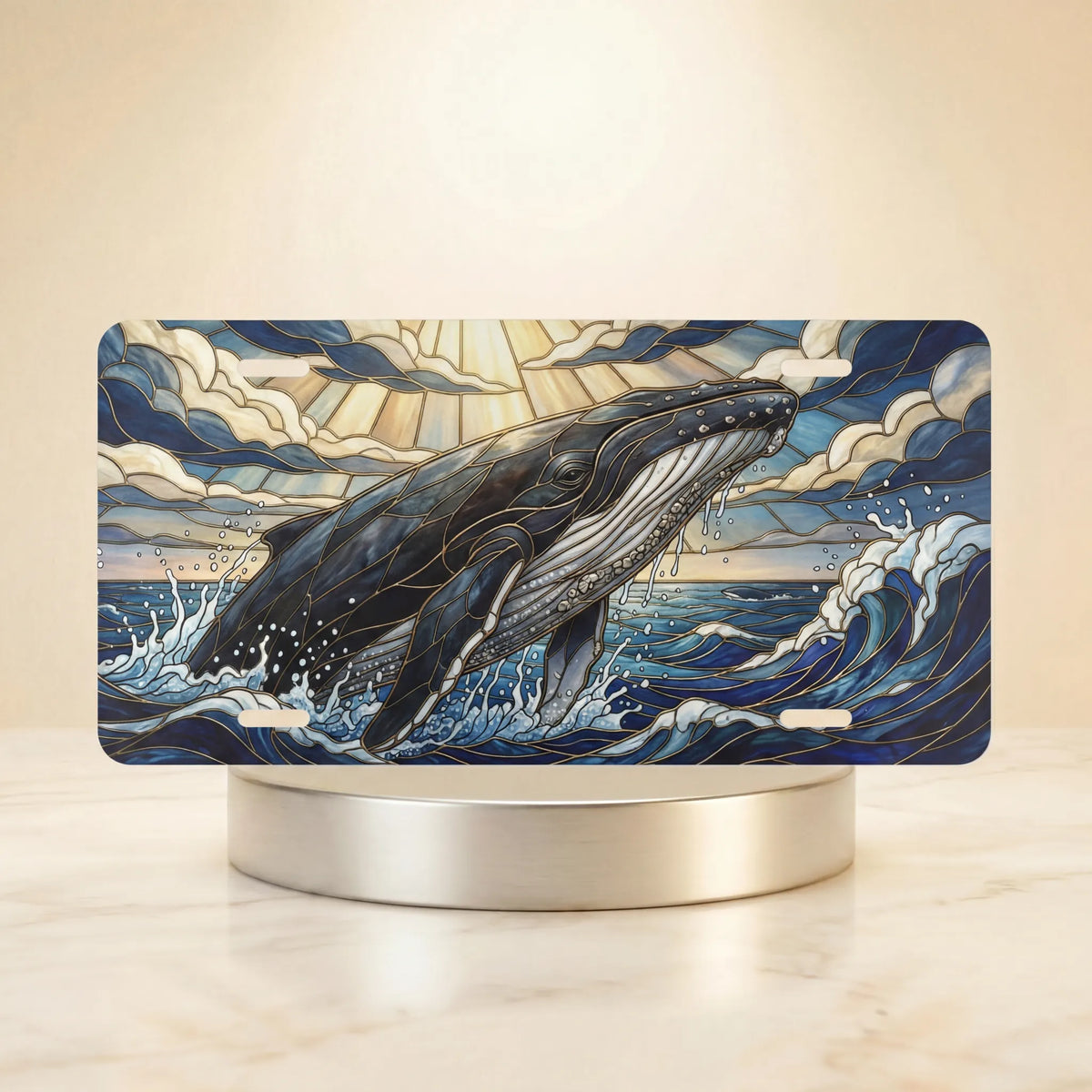 majestic whale vanity plate hero shot — dramatic whale breach golden rays ocean waves art