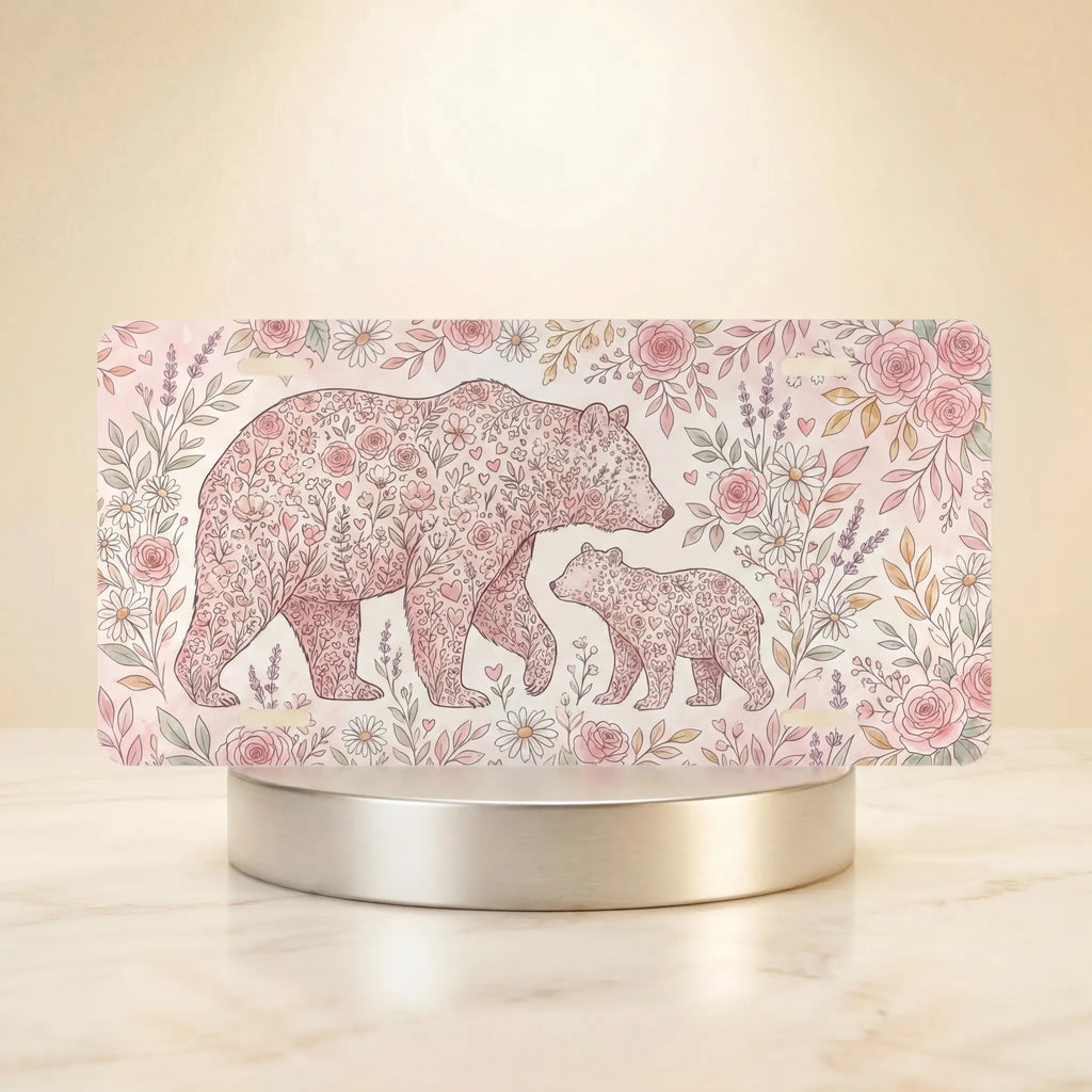 floral bear mom and cub vanity plate hero shot — blush rose foliage mama bear cub art