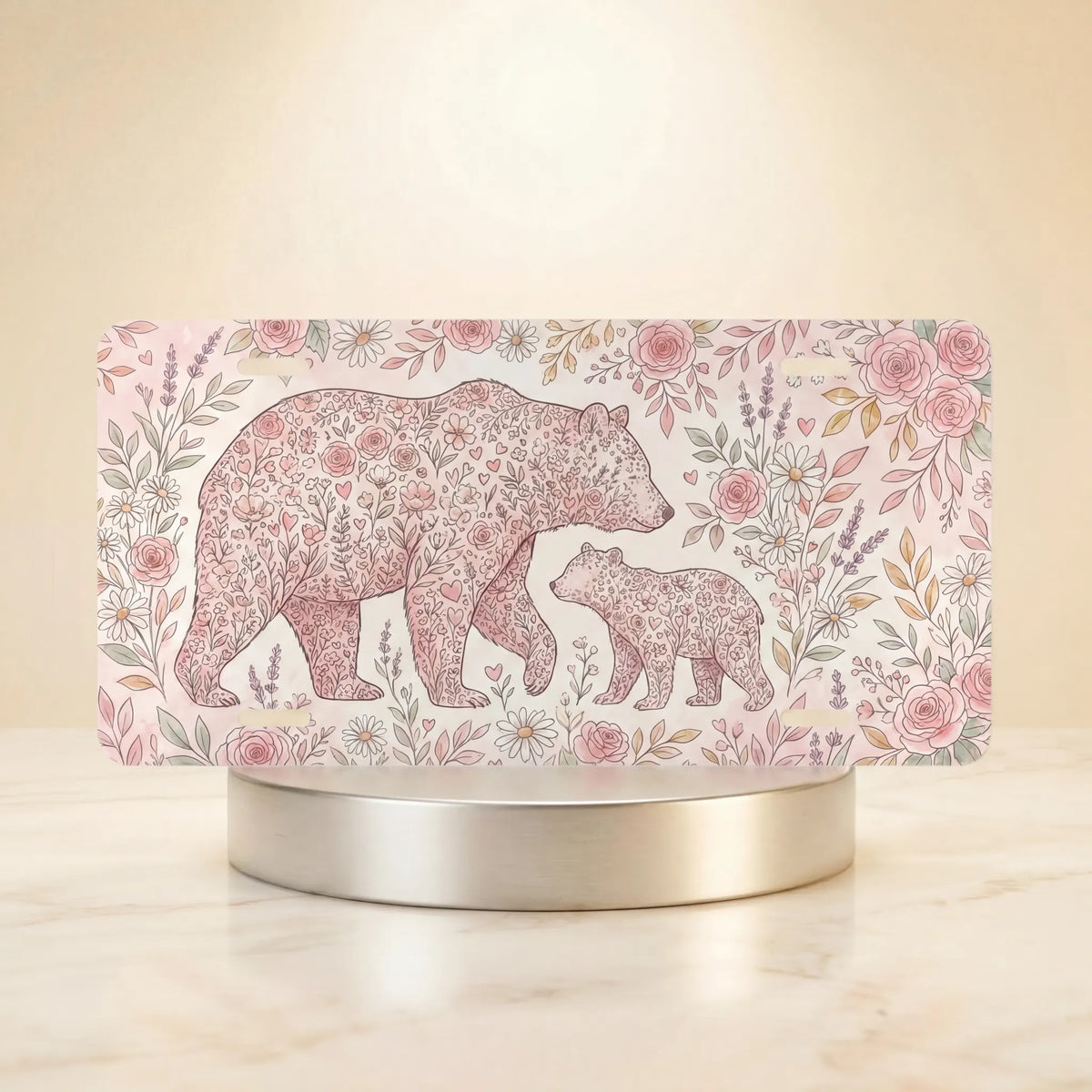 floral bear mom and cub vanity plate hero shot — blush rose foliage mama bear cub art