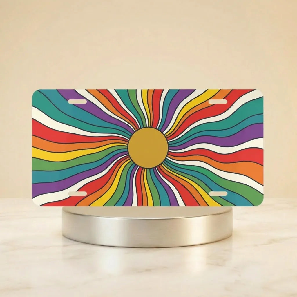 retro rainbow vanity plate hero shot — saturated rainbow sunburst boho art