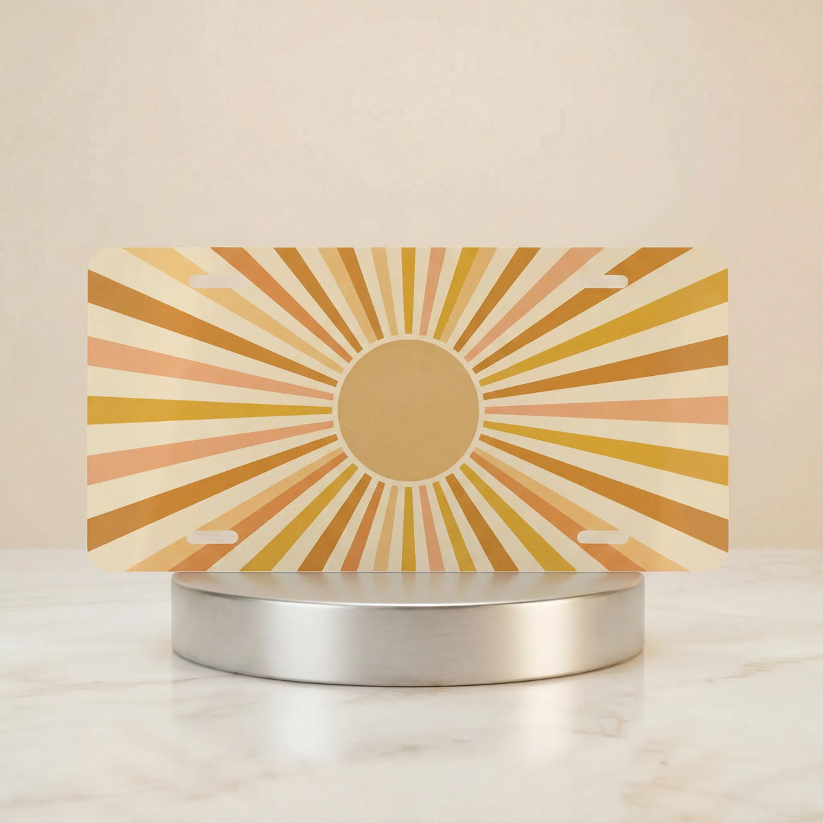 retro yellow orange vanity plate hero shot — gentle circular sunburst warm cream art