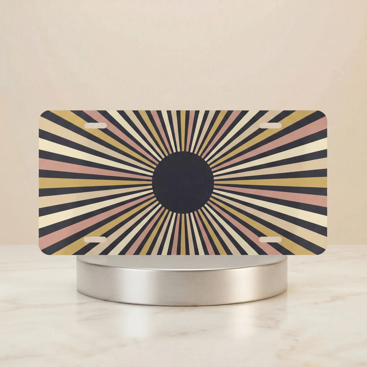 striped sunburst vanity plate hero shot — cream mustard terracotta mid-century art
