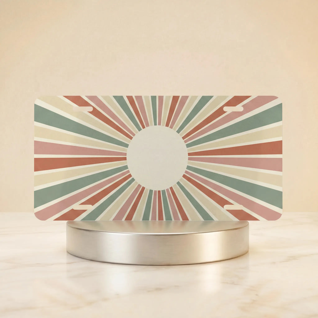 retro sunburst monogram vanity plate hero shot — dusty terracotta sage mustard circular art