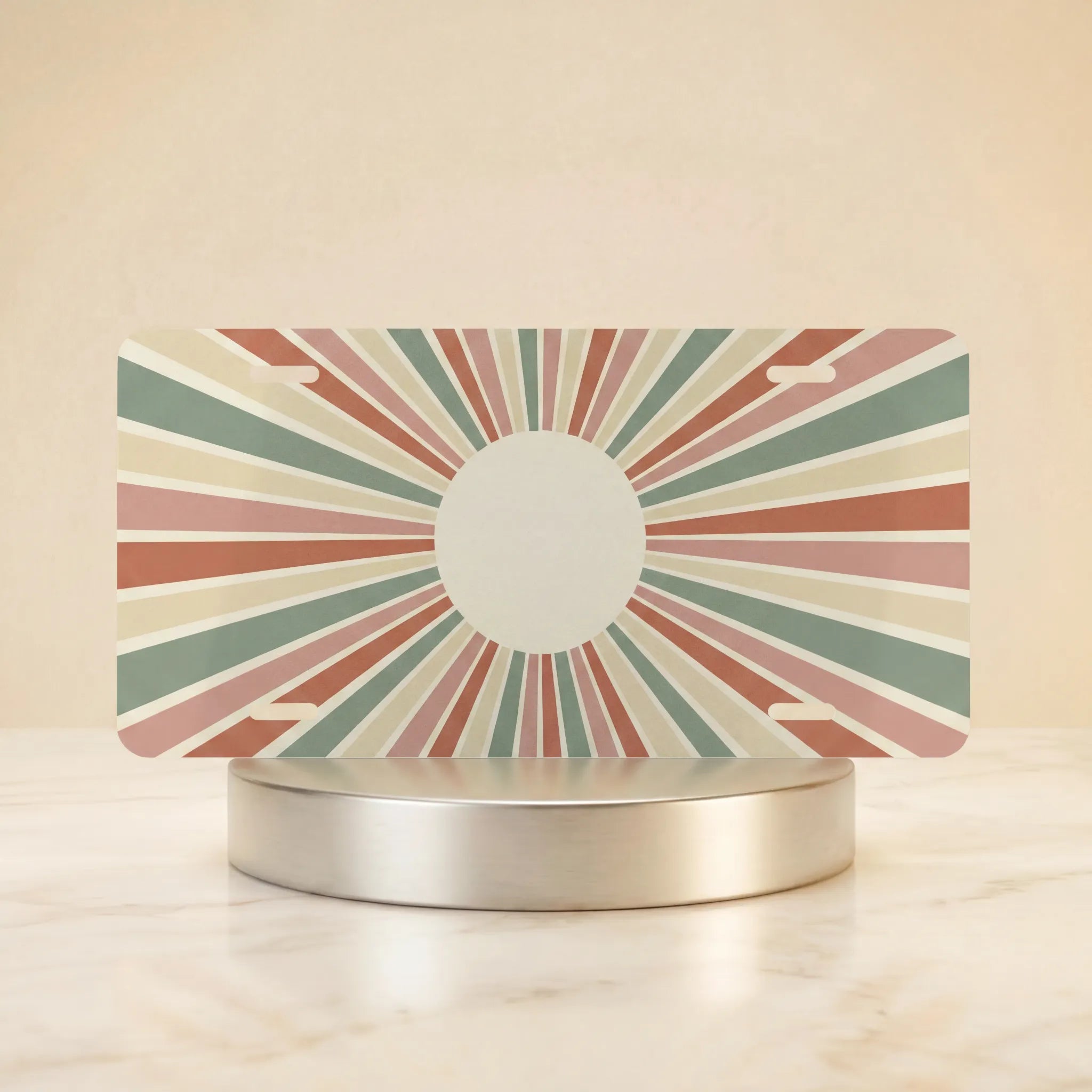 retro sunburst monogram vanity plate hero shot — dusty terracotta sage mustard circular art