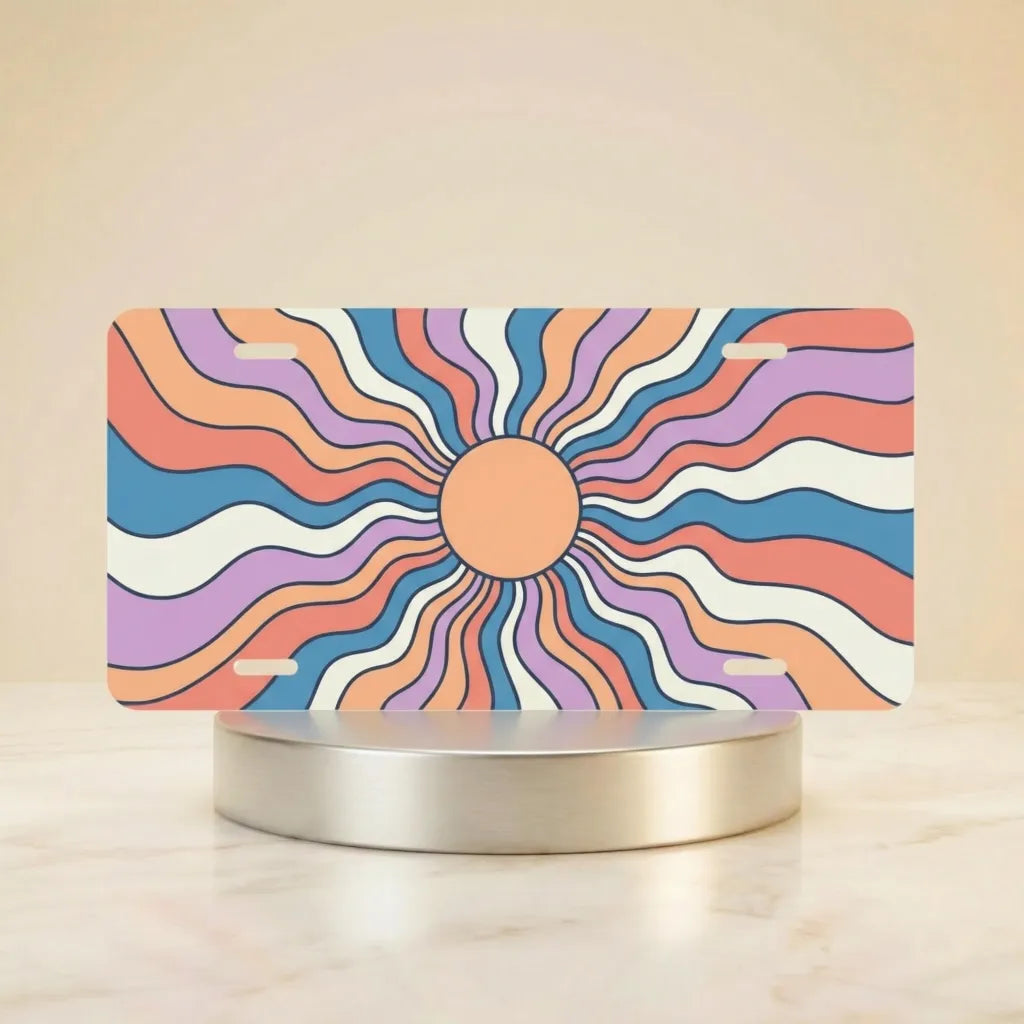 retro sunburst vanity plate hero shot — vintage boho peach mauve blue art