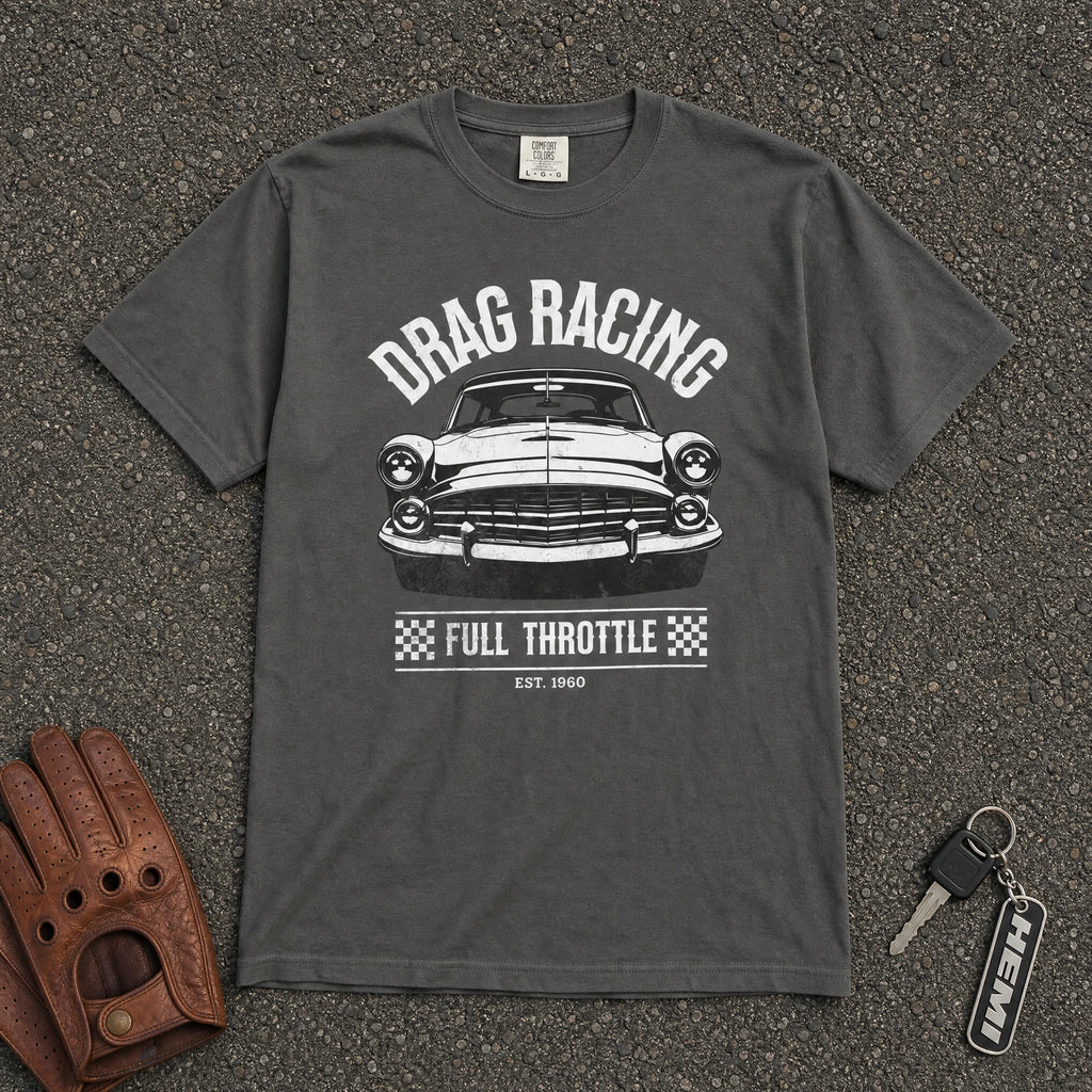 drag racing full throttle vintage tee — pepper muscle car graphic comfort colors shirt