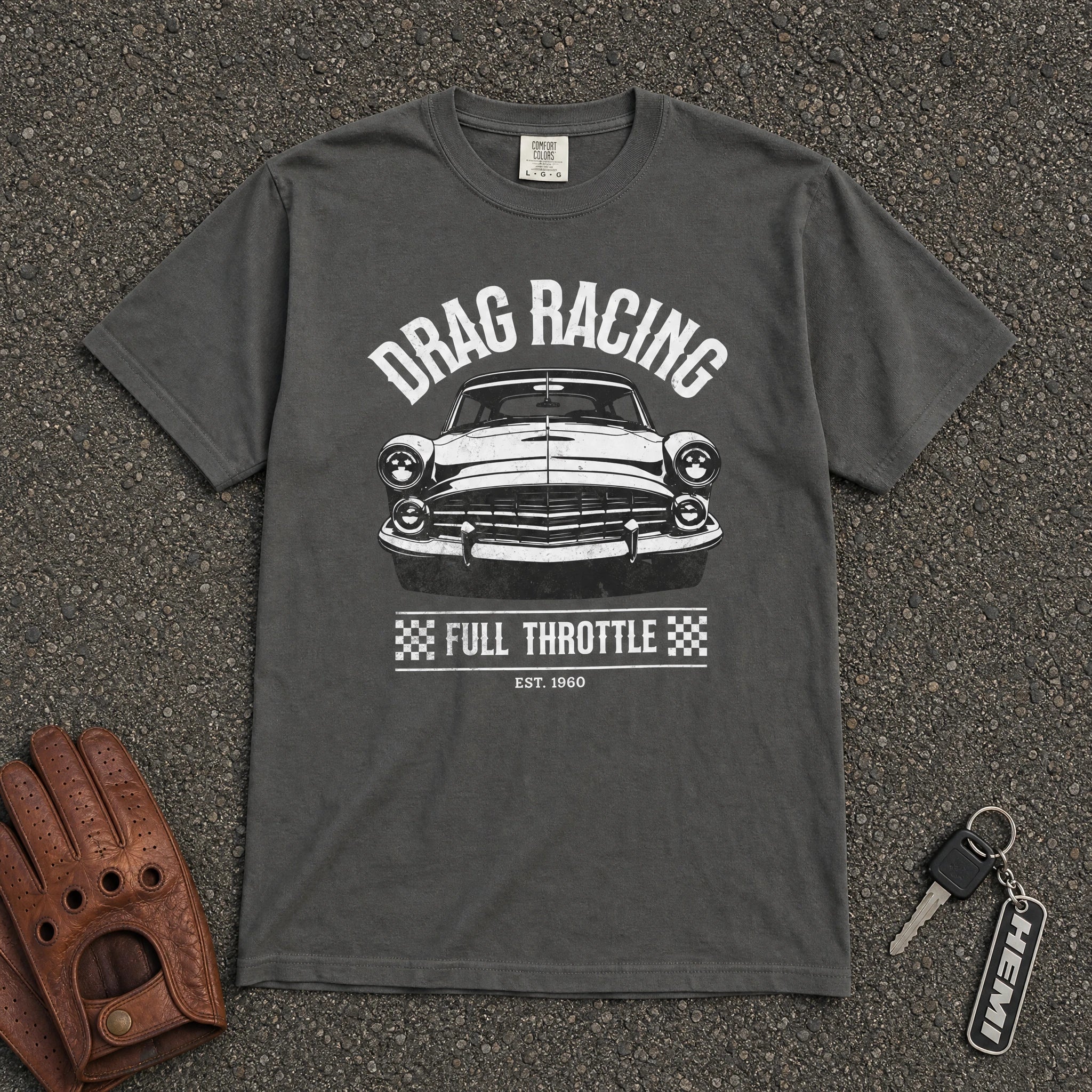 drag racing full throttle vintage tee — pepper muscle car graphic comfort colors shirt