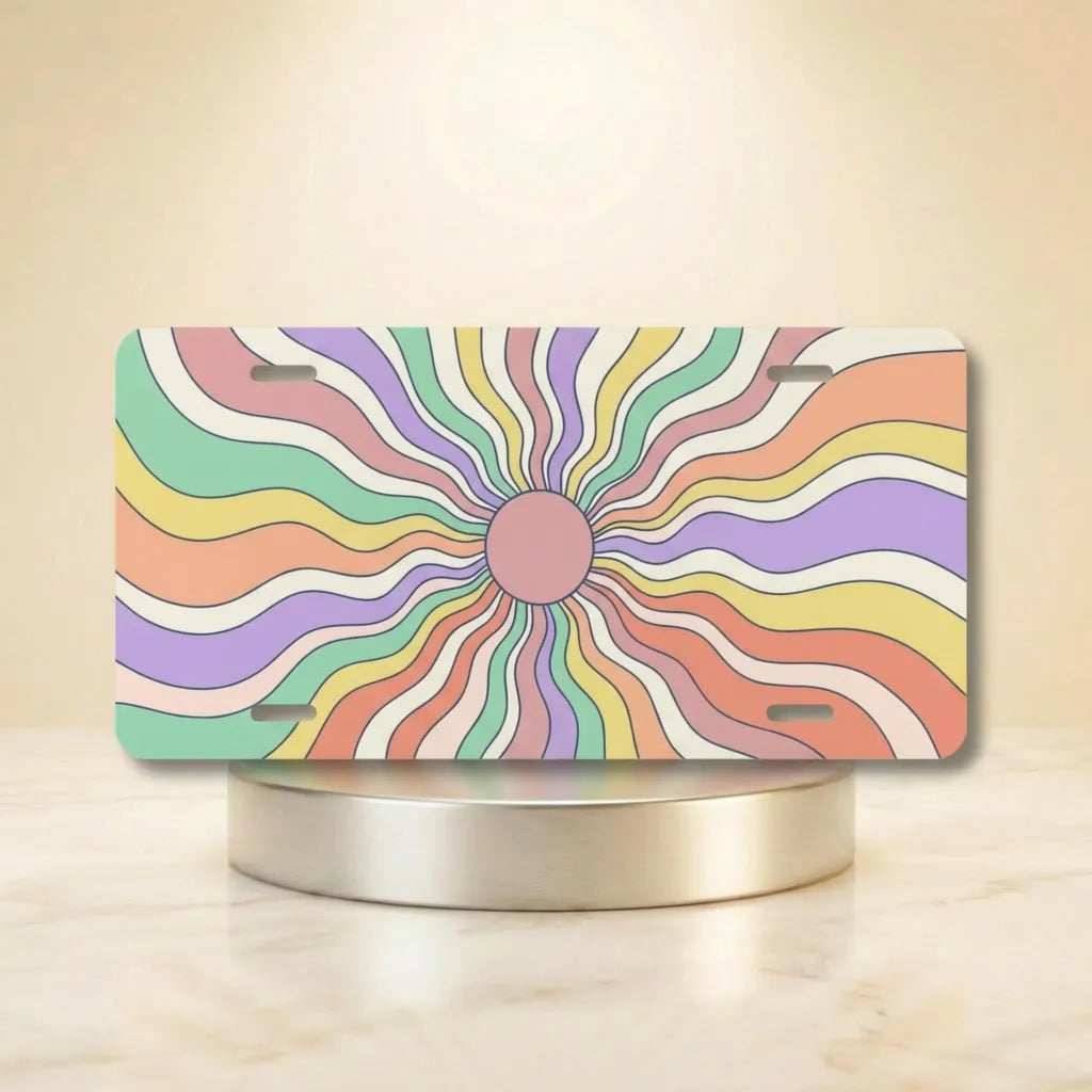 pastel rainbow sunburst vanity plate hero shot — blush pink mint lavender peach swirl art