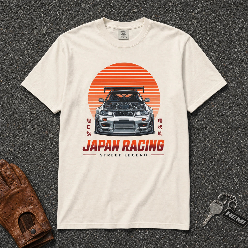 ivory japan racing skyline street legend tee — vintage sun stripe import car comfort colors shirt