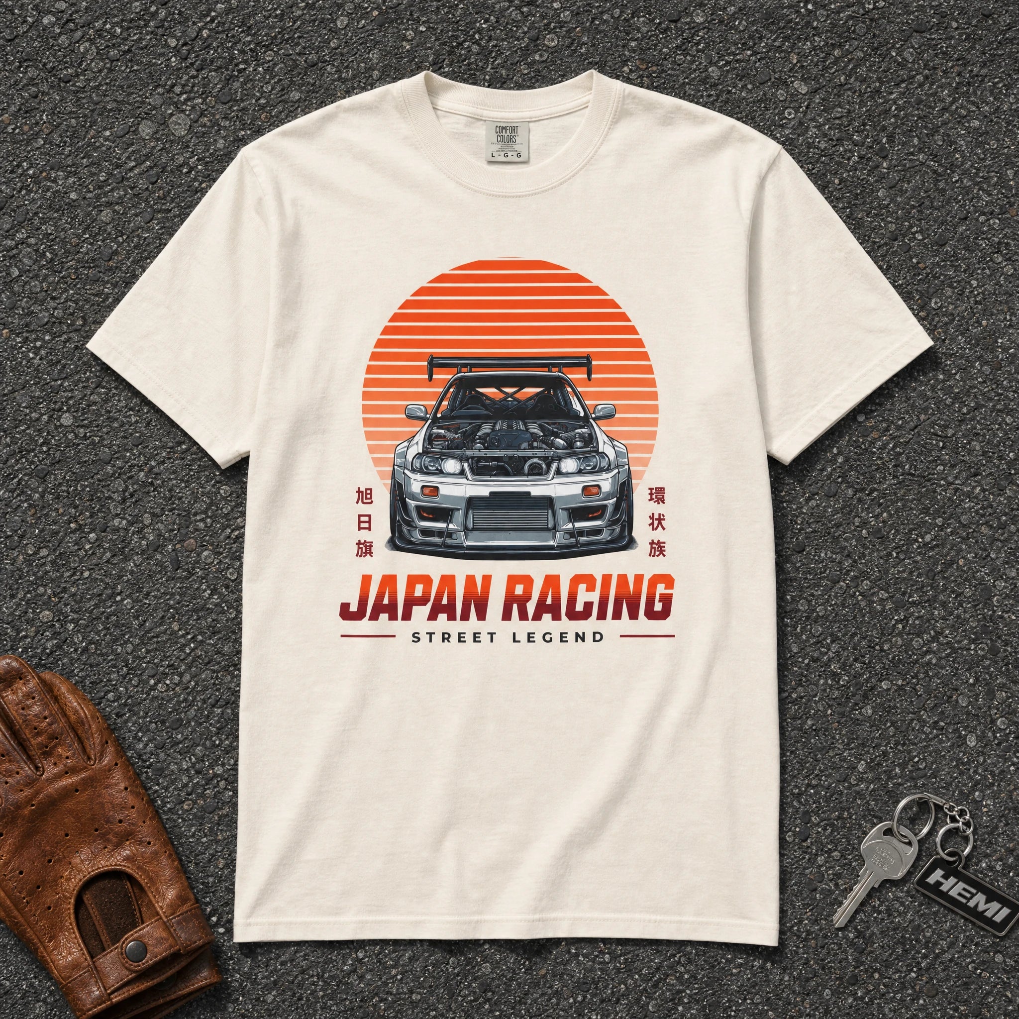 ivory japan racing skyline street legend tee — vintage sun stripe import car comfort colors shirt